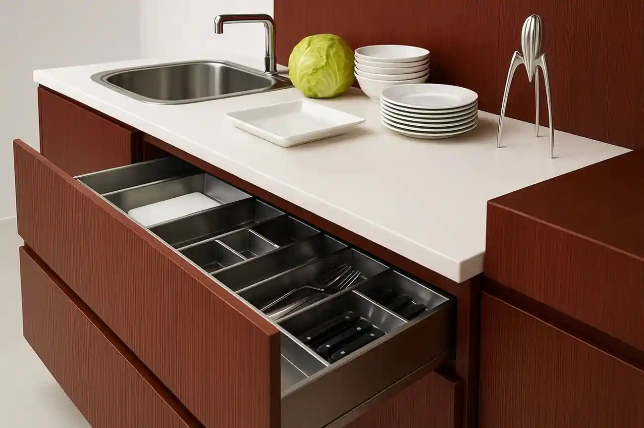 Close-up of a farmhouse sink installation showing the apron front and cabinet modification